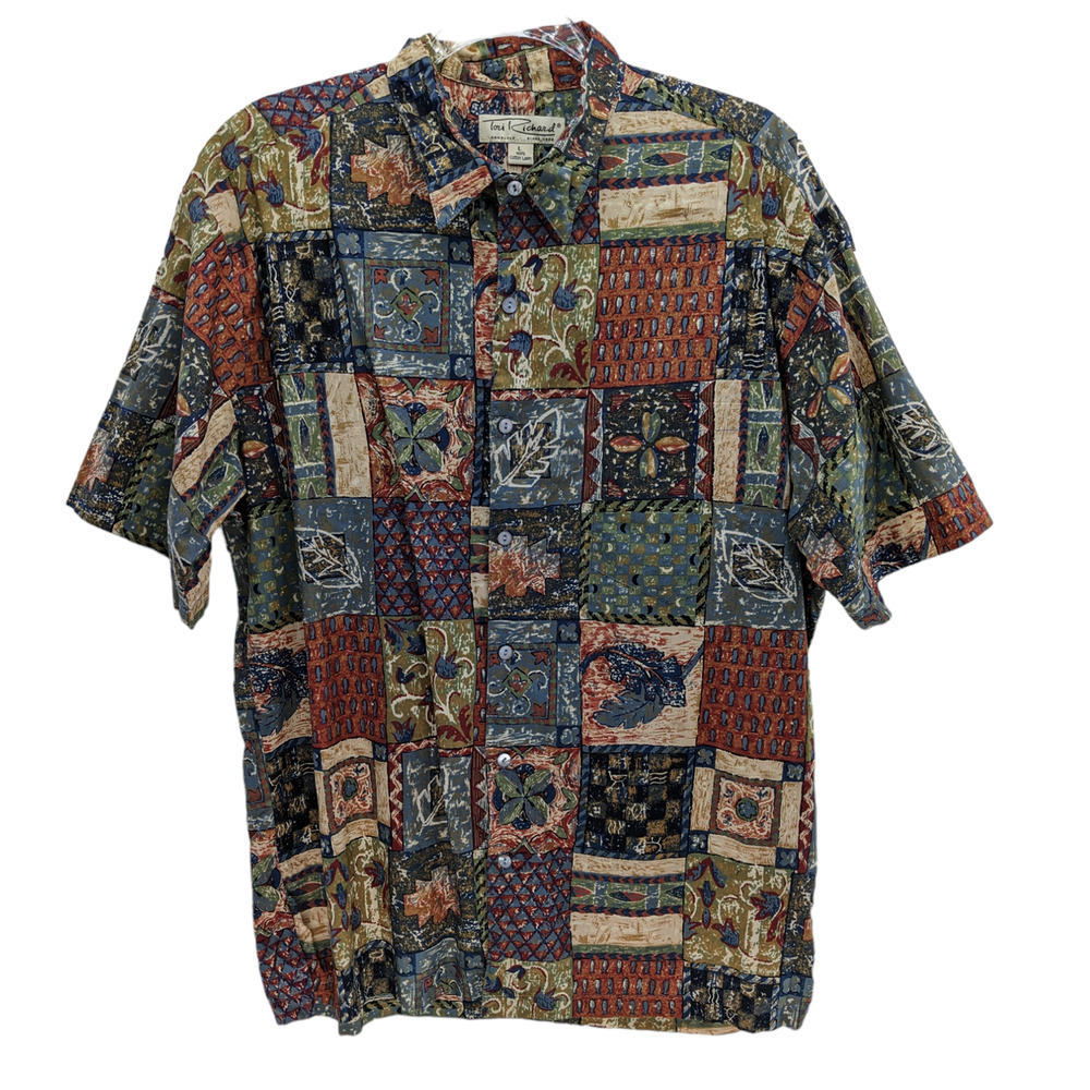 Vintage Tori Richard Large Shirt Mens Hawaiian USA Tan Blue Abstract Cotton Lawn